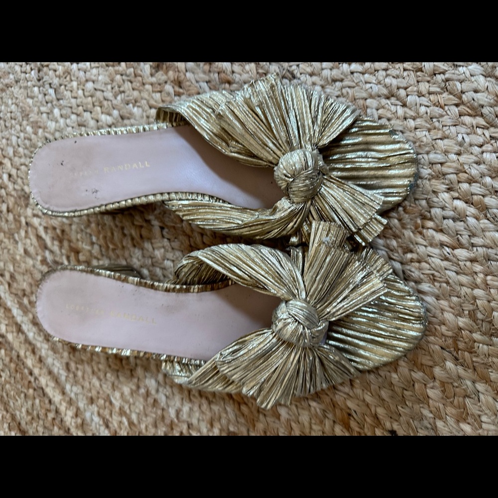 Loeffler Randall Emilia Pleated Bow Sandals - Size 9.5 - Gold Lame